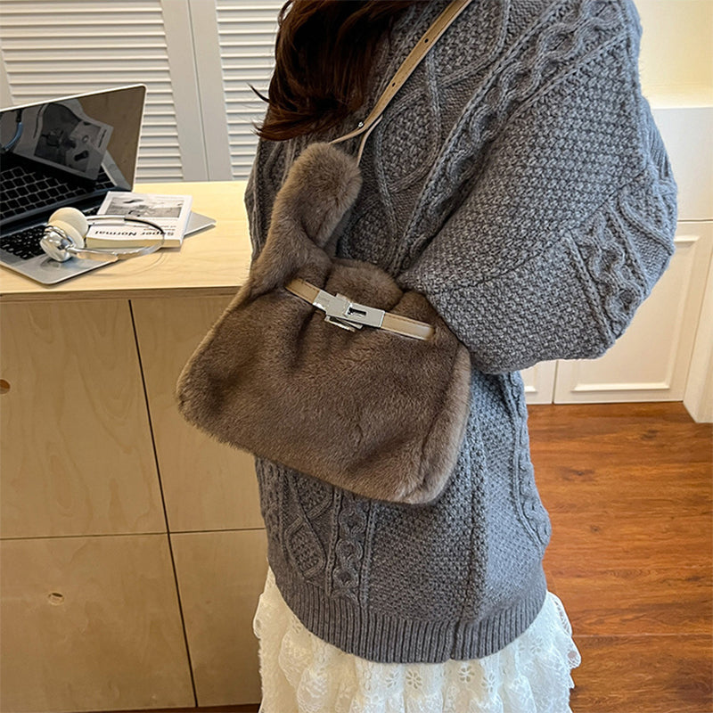Fuzzy Shoulder Handbag Fluffy Plush Bucket Crossbody Bag