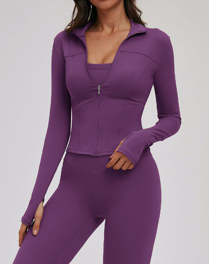 Cropped Jacket Zip Slim Fit Athletic Tops with Thumb Holes