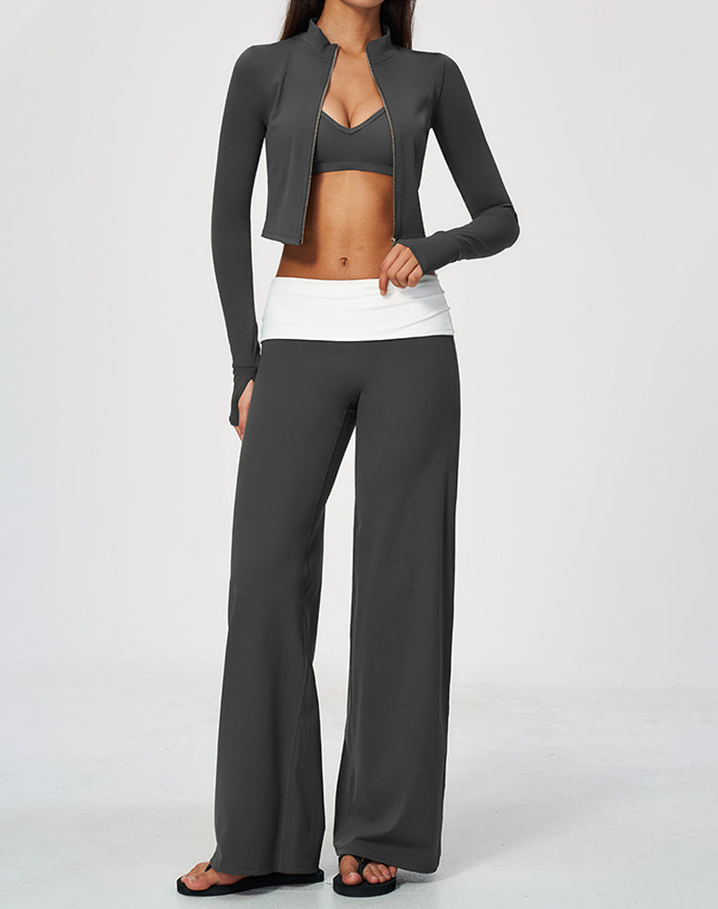 3 Piece Sports Bra Cropped Jacket and Fold Over Flare Pant