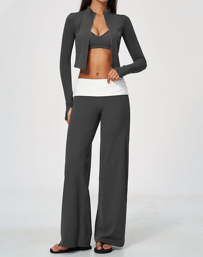 3 Piece Sports Bra Cropped Jacket and Fold Over Flare Pant