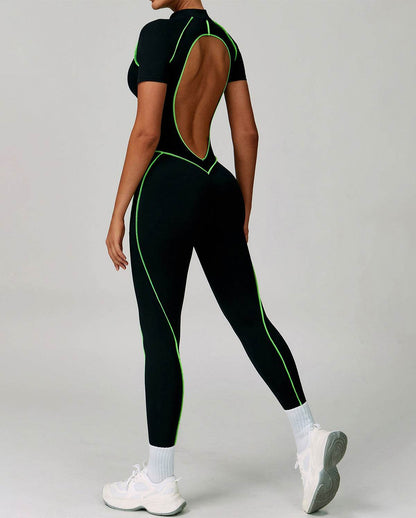 Three Dimensional Line Sports Backless Short Sleeve Jumpsuit