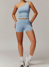 Active Wear Set with One Shoulder Knot Design Tank Top and Shorts