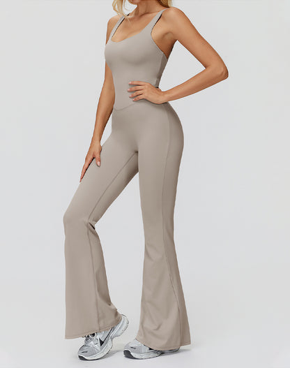 Cross Back One Piece Jumpsuit Yoga Flare Leg Rompers