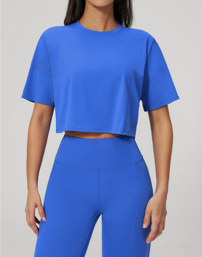 Short Sleeve Crop Tops Round Neck T-Shirts Loose Fit Blouse