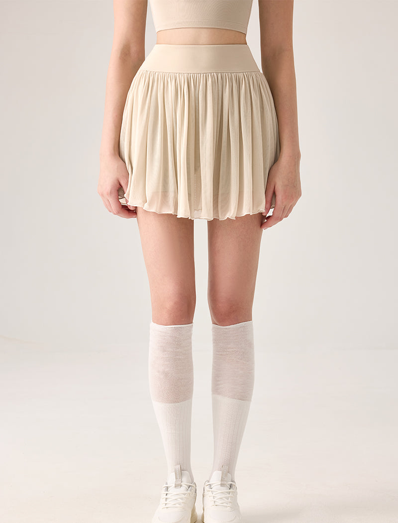 Mesh Sheer Pleated Skirt Tulle Skirt with Short and Pocket