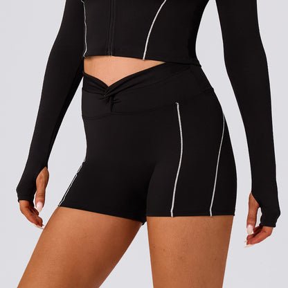 Color Blocking Workout Biker Shorts Waist Knot Running Short