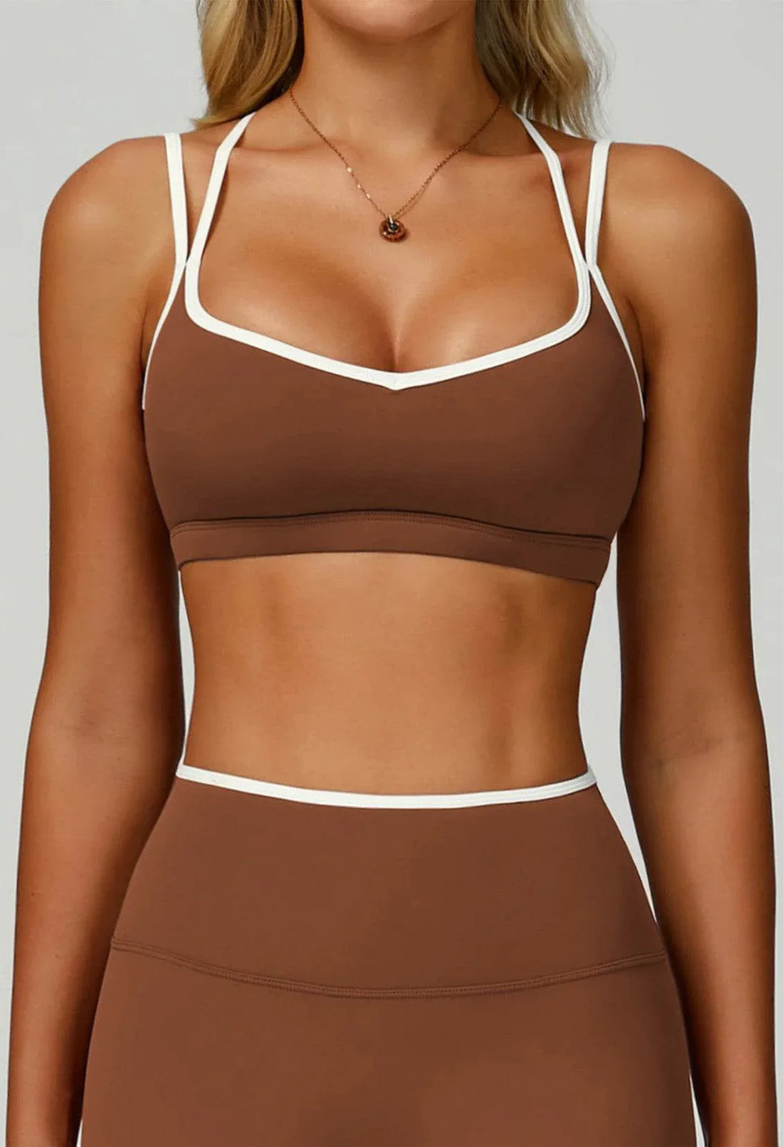 Double Shoulder Straps Sports Bras with Removable Chest Pad - Birch Brown