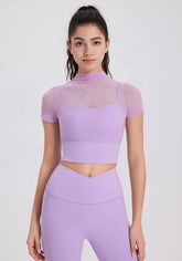 Mesh Fitness Crop T-Shirts with Built-in Chest Pad