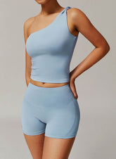 Active Wear Set with One Shoulder Knot Design Tank Top and Shorts