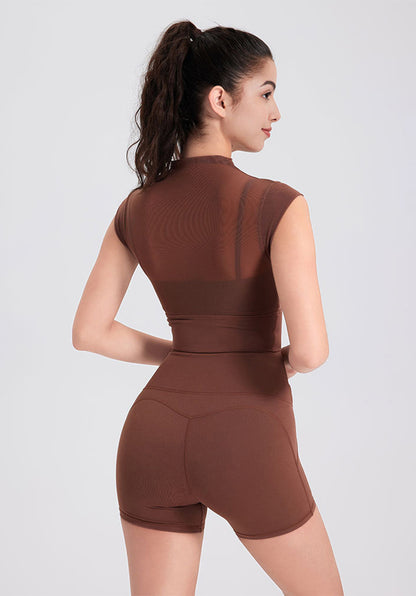 Mesh Yoga Crop T-Shirts with Built-in Chest Pad