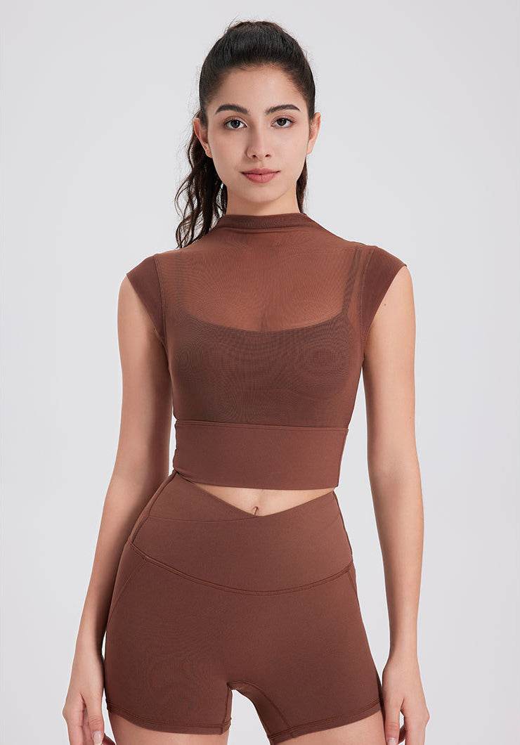 Mesh Yoga Crop T-Shirts with Built-in Chest Pad - Chestnut