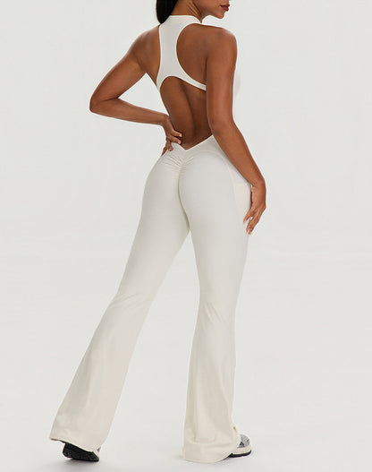Zipper Racerback Yoga Bodysuit Flare Jumpsuit with Pockets