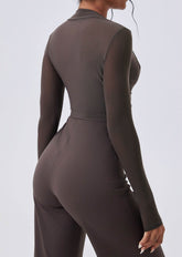 Deep V Long Sleeve Mesh Yoga Crop Tops Slim Fitted Shirts