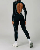 Three Dimensional Line Sports Backless Long Sleeve Jumpsuit