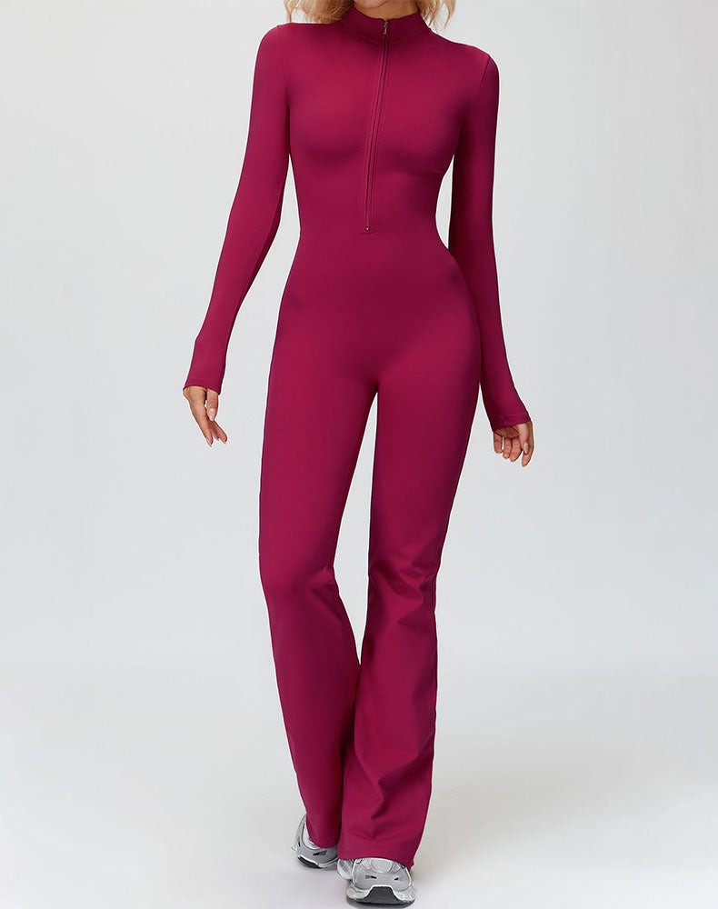 Long Sleeve Flare Workout Jumpsuit Zip Up Wide Leg Bodysuit