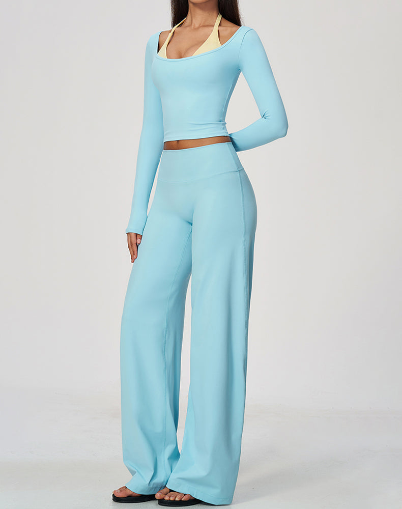 2 Piece Long Sleeve Sports T-Shirt and Wide Leg Pant