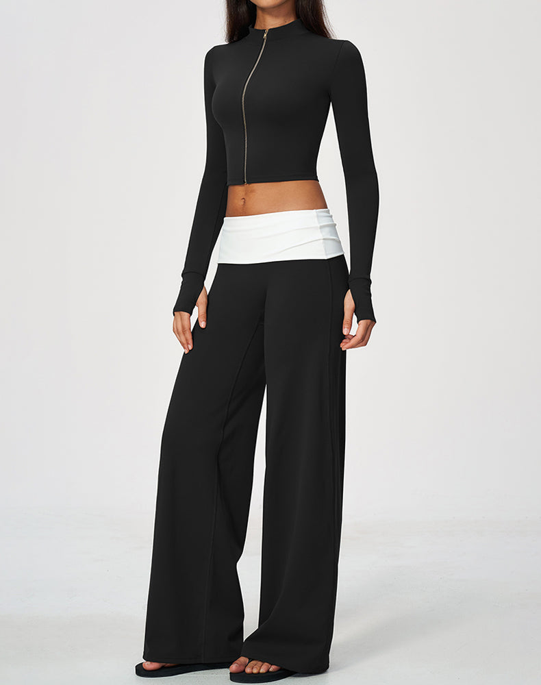 2 Piece Full Zip Cropped Jacket and Fold Over Flare Pant