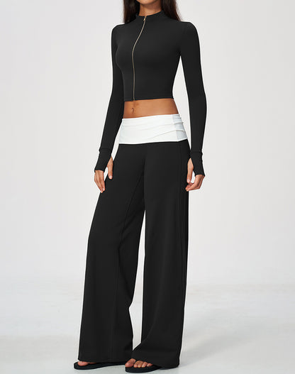 2 Piece Full Zip Cropped Jacket and Fold Over Flare Pant