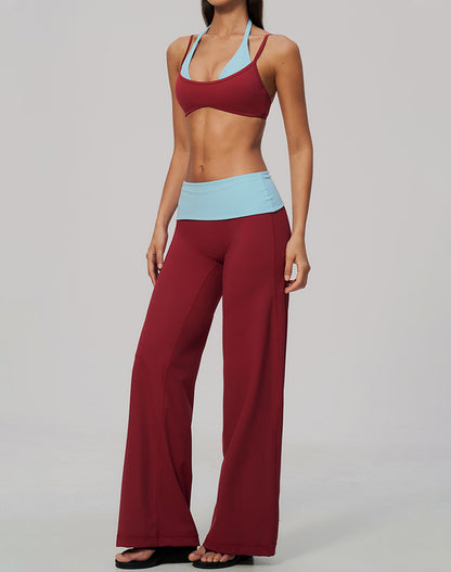 2 Piece Color Block Sports Bra and Fold Over Flare Pant Sets