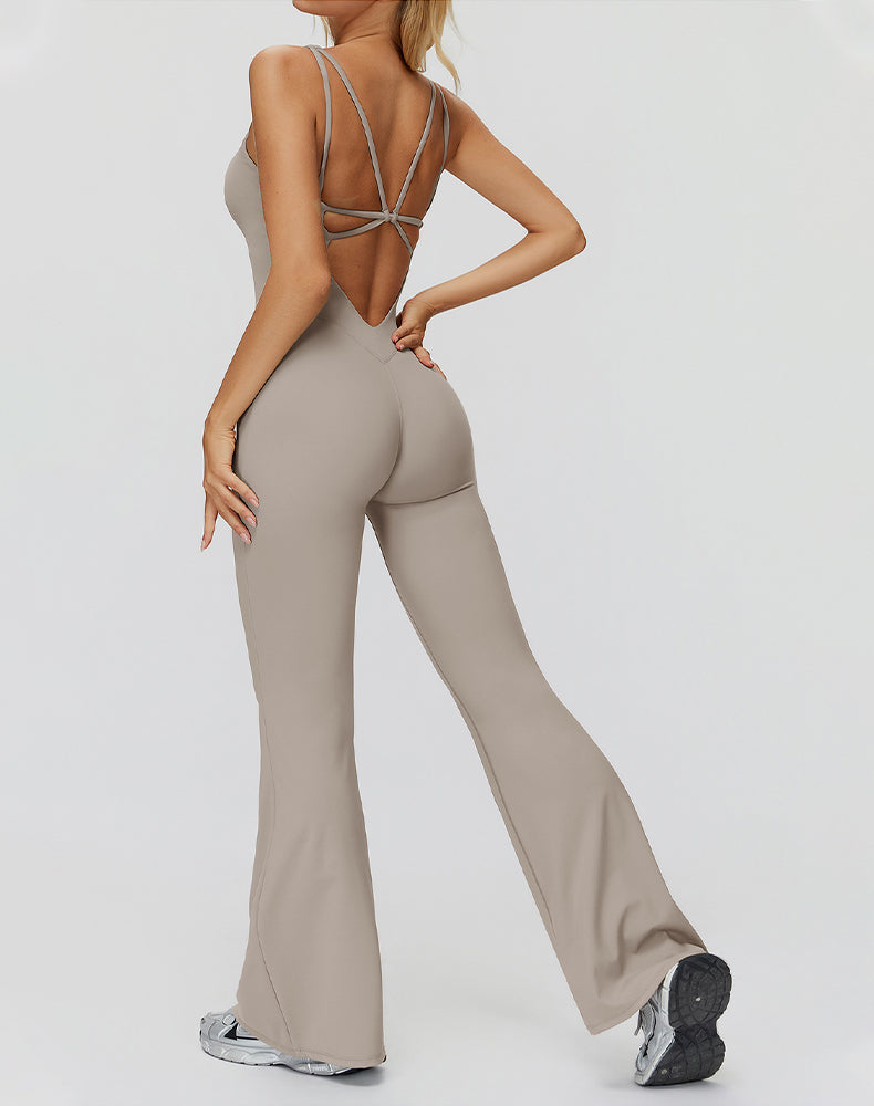 Cross Back One Piece Jumpsuit Yoga Flare Leg Rompers