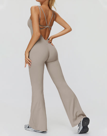 Cross Back One Piece Jumpsuit Yoga Flare Leg Rompers