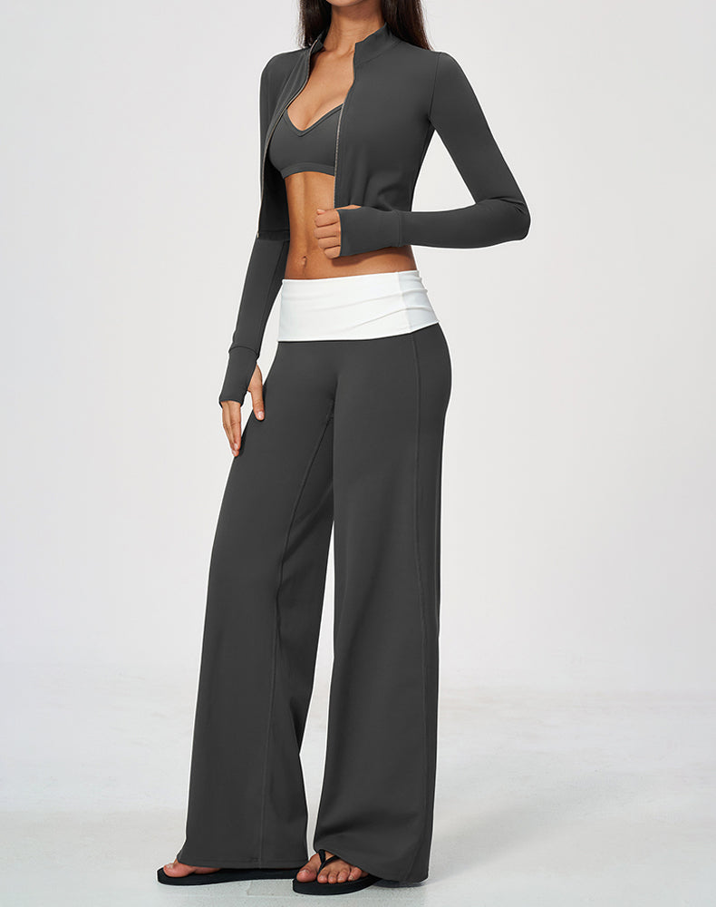 3 Piece Sports Bra Cropped Jacket and Fold Over Flare Pant