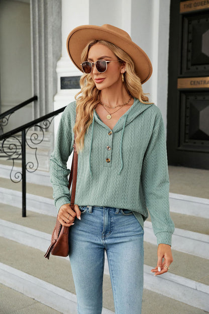 Button Hooded Sweatshirt Loose Long Sleeve Casual Tops