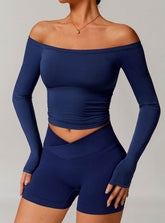 Off Shoulder Long Sleeve Basic Sports T-Shirts