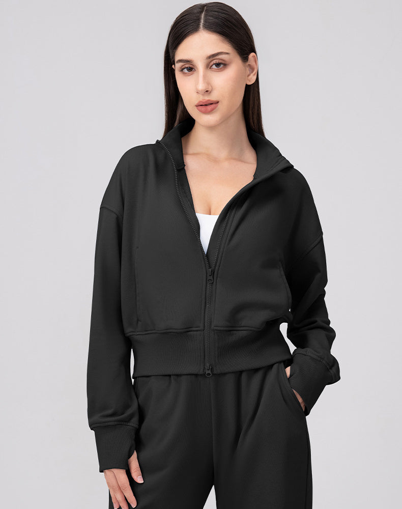 Sports Long Sleeve Hooded Loose Coat Casual Cropped Top