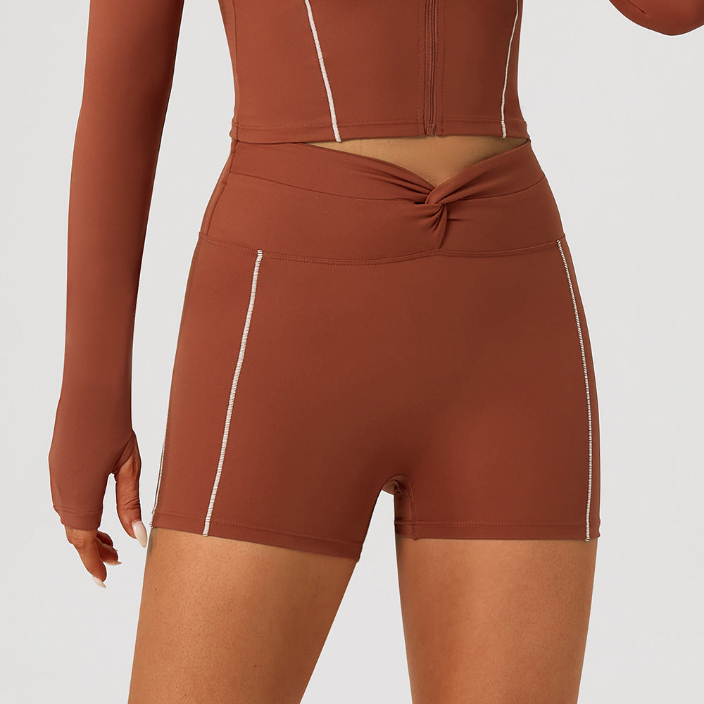Color Blocking Workout Biker Shorts Waist Knot Running Short