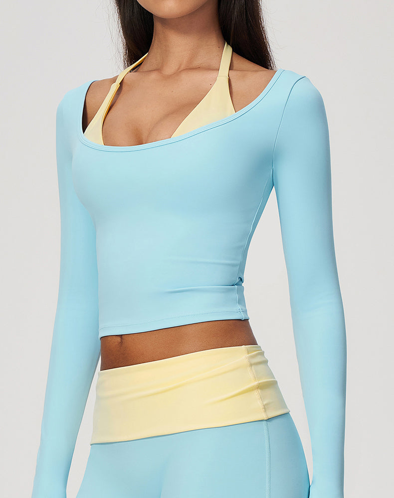 Faux Two Piece Color Block Long Sleeve Sports T-Shirts