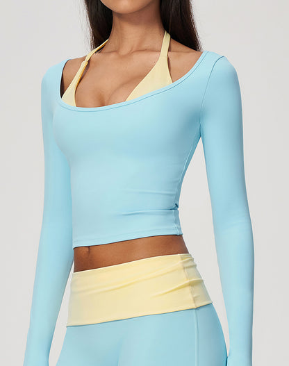 Faux Two Piece Color Block Long Sleeve Sports T-Shirts