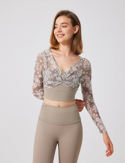 Floral Print Long Sleeve Workout Mesh T-Shirt