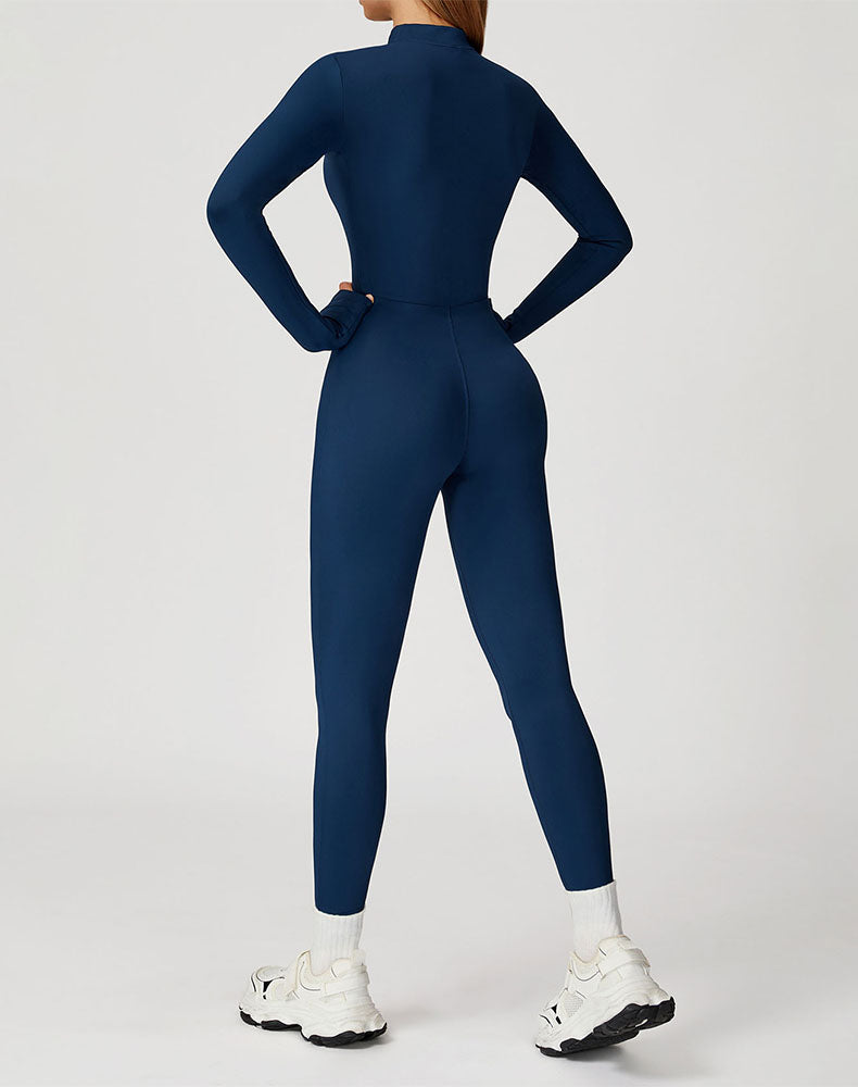 Long Sleeve Workout Jumpsuit Zip Up One Piece Bodysuit