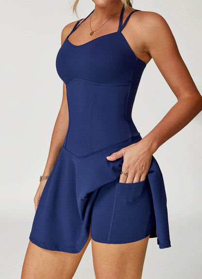 Double Straps Golf Athletic Dress with Shorts and Pockets