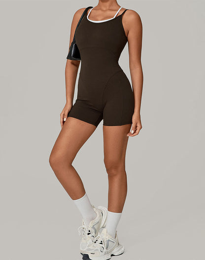 Fake Two Piece Short Bodysuit One Piece Athletic Jumpsuit