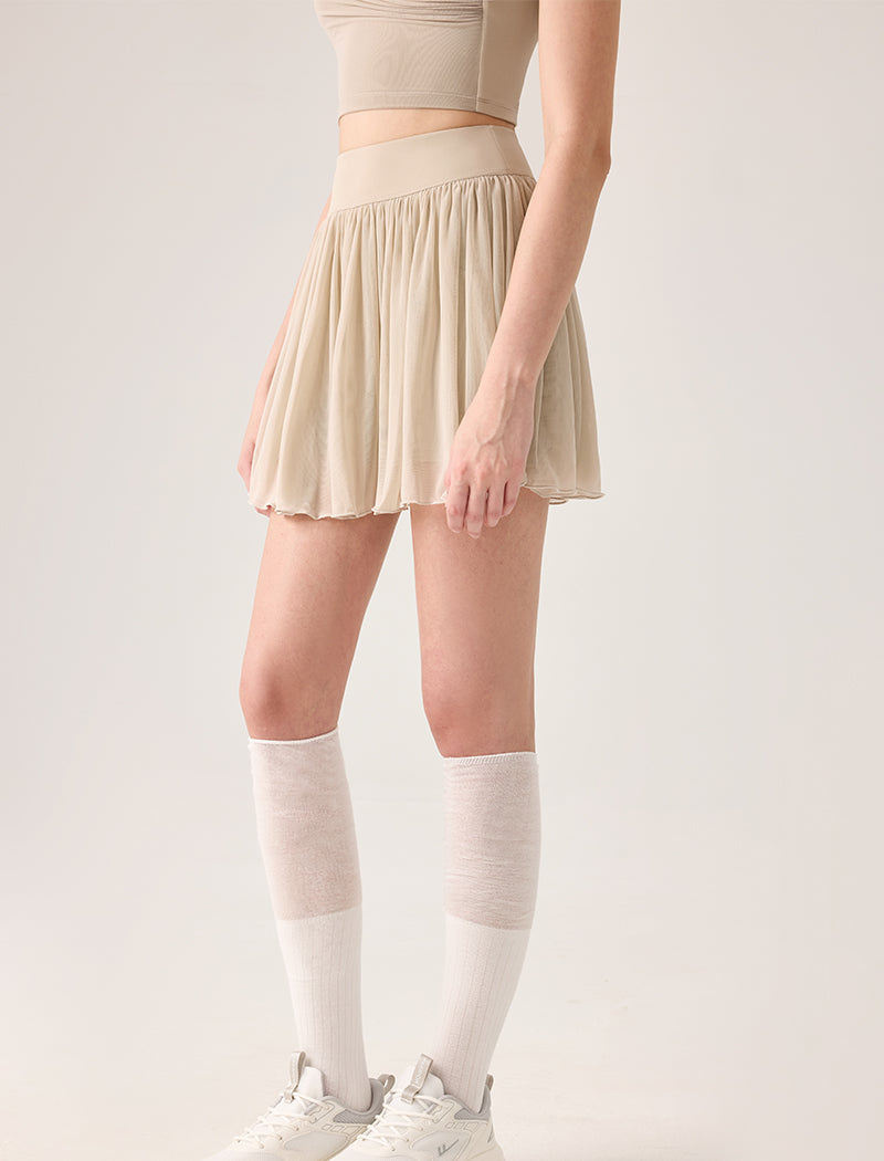 Mesh Sheer Pleated Skirt Tulle Skirt with Short and Pocket