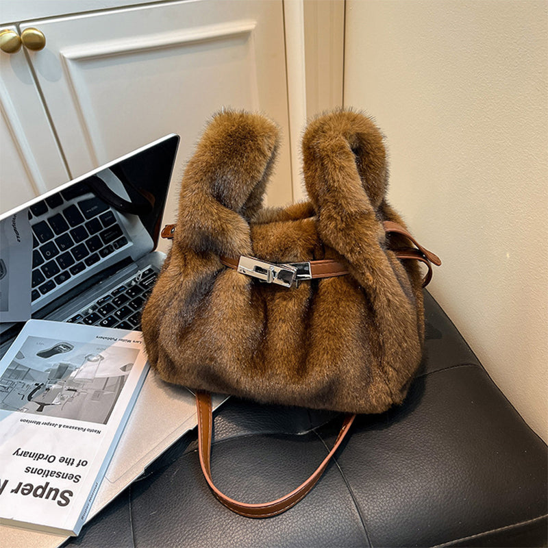 Fuzzy Shoulder Handbag Fluffy Plush Bucket Crossbody Bag