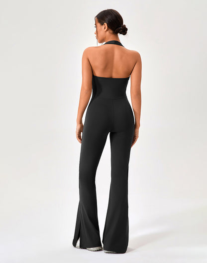 Halter Neck Flare Jumpsuit One Piece Side Split Yoga Rompers