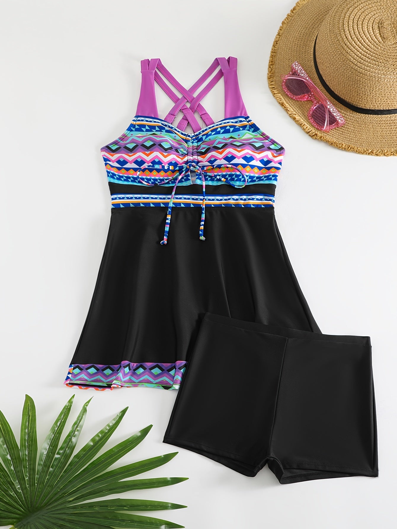 Chic Geometric Print Tie Front Tankini Set