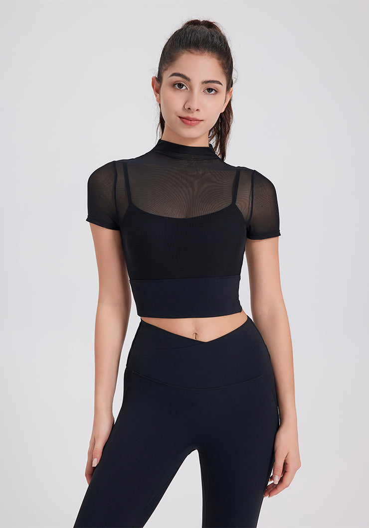 Mesh Fitness Crop T-Shirts with Built-in Chest Pad