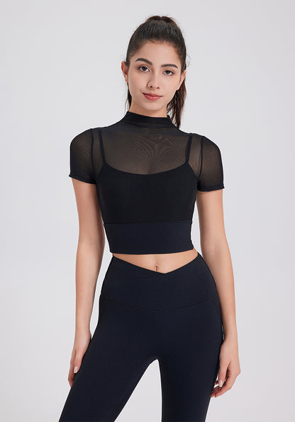 Mesh Fitness Crop T-Shirts with Built-in Chest Pad