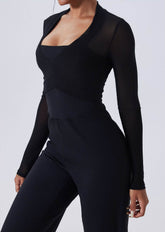 Deep V Long Sleeve Mesh Yoga Crop Tops Slim Fitted Shirts