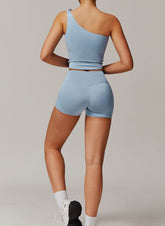 Active Wear Set with One Shoulder Knot Design Tank Top and Shorts