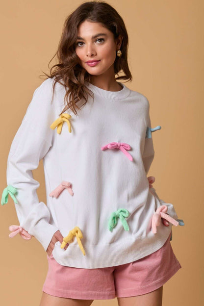 Cute Colorful Bow Long Sleeve Crew Sweater | Perfect for Everyday Wear