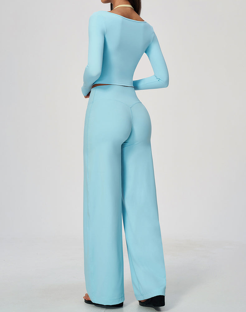 2 Piece Long Sleeve Sports T-Shirt and Wide Leg Pant
