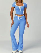 2 Pieces Activewear Set with Bow Crop Tops and Flare Pants