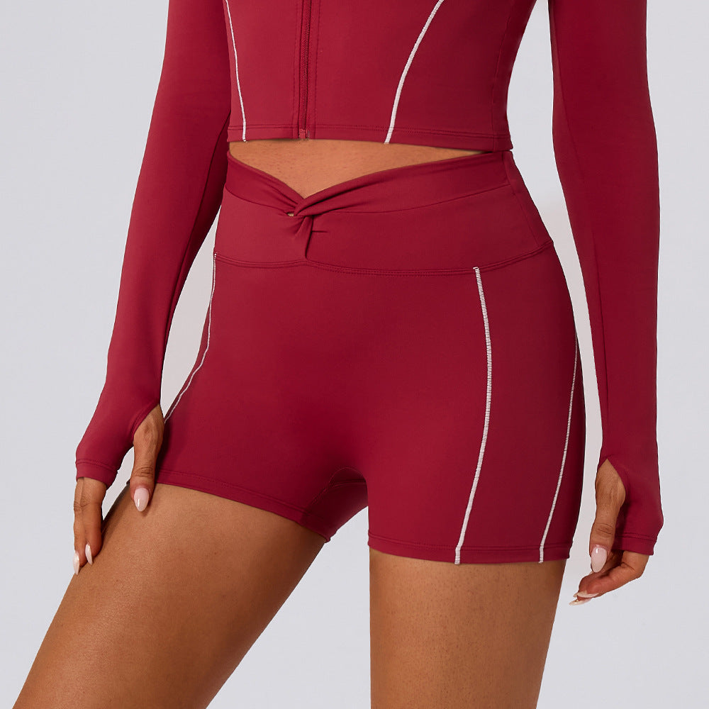 Color Blocking Workout Biker Shorts Waist Knot Running Short