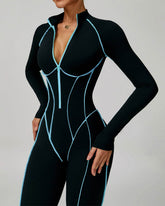 Three Dimensional Line Sports Backless Long Sleeve Jumpsuit