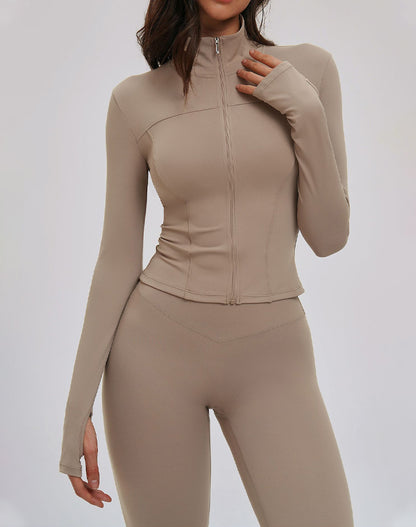 Cropped Jacket Zip Slim Fit Athletic Tops with Thumb Holes
